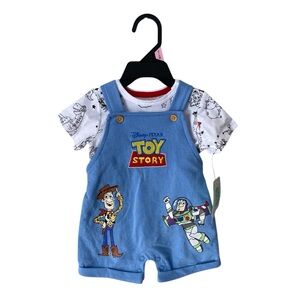Disney Toy Story Baby Boy 0 3 m Woody Buzz Lightyear Shortall Overall Outfit 2pc
